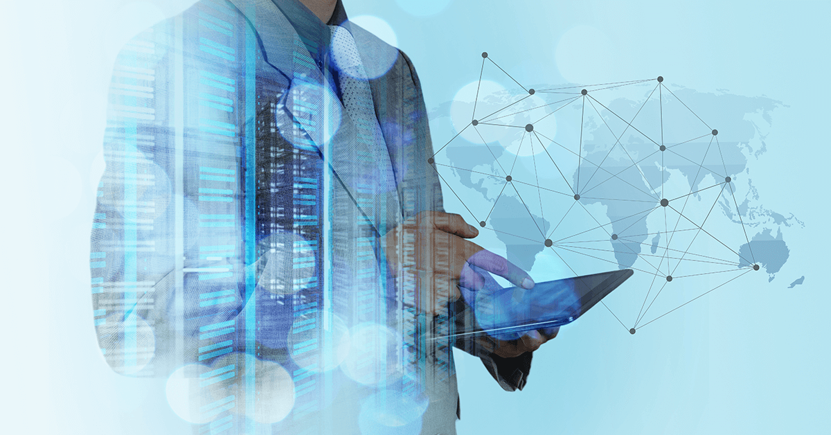 Person holds tablet in front of tech infrastructure symbology