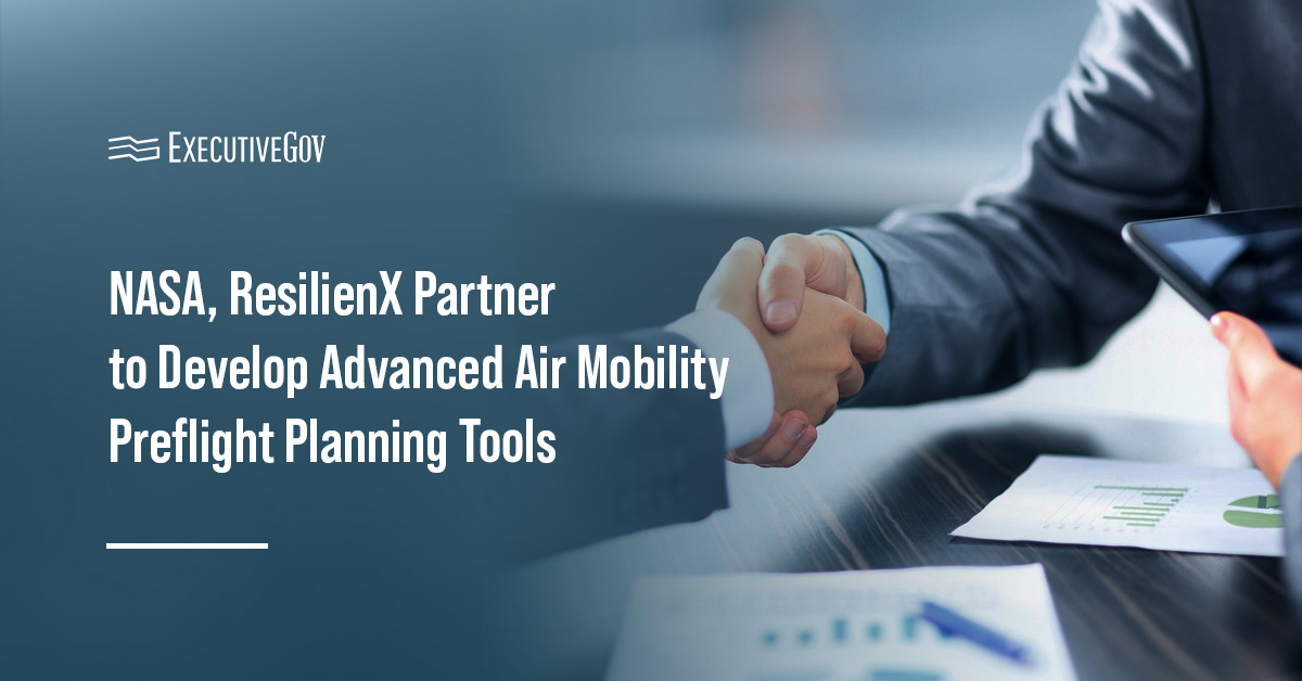 Handshake representing partnership. NASA and ResilienX partnered to develop advanced air mobility preflight planning tools.