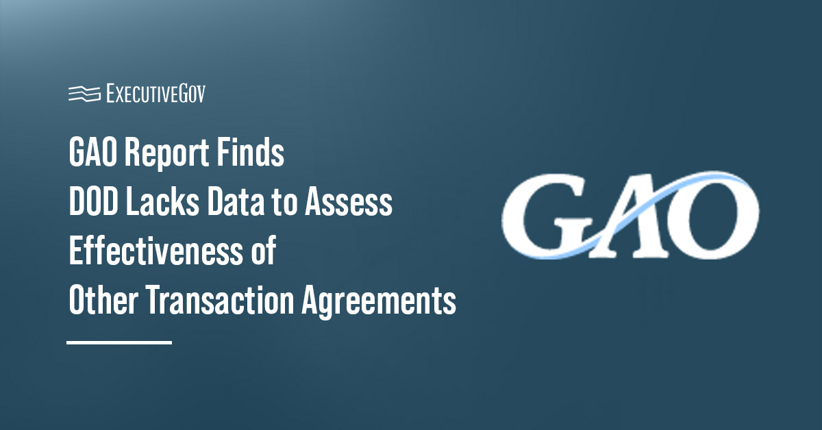 Government Accountability Office logo. GAO reviewed other transaction agreement data and ongoing weapon programs at the DOD