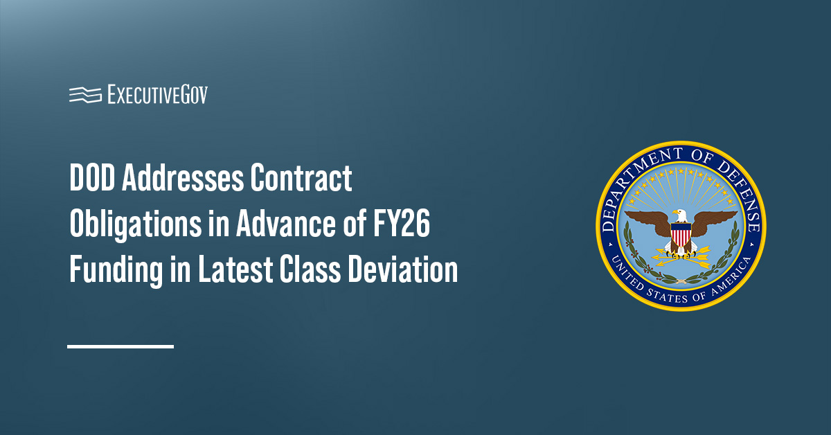 Department of Defense logo. DOD issued a class deviation for contract obligations in advance of FY 2027 funding.