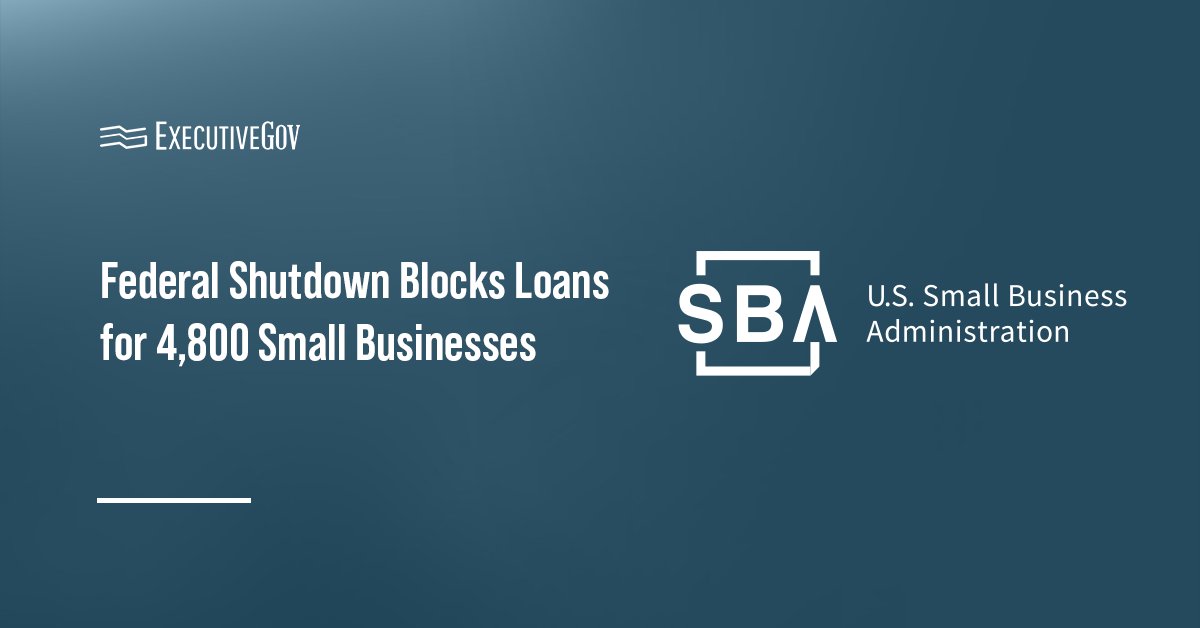 Small Business Administration logo. Federal shutdown freezes SBA 7(a) and 504 lending.