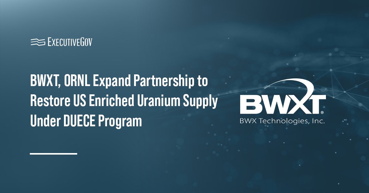 BWX Technologies logo. BWXT and Oak Ridge National Laboratory signed an MOU to advance the DUECE program