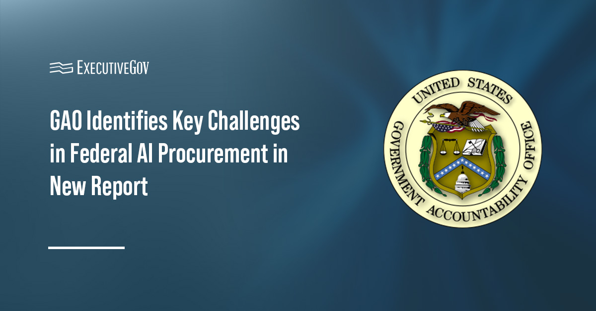 Government Accountability Office logo. A GAO report identified challenges federal agencies face in acquiring AI