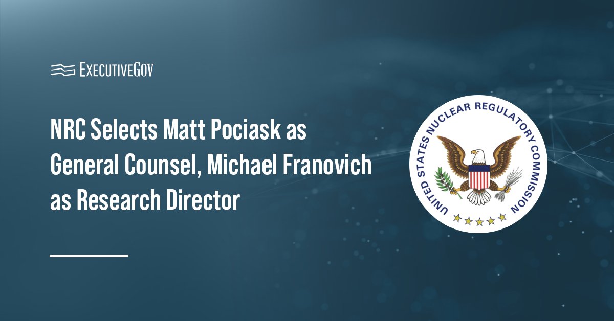 Nuclear Regulatory Commission logo. NRC appointed Matt Pociask and Michael Franovich to new roles.