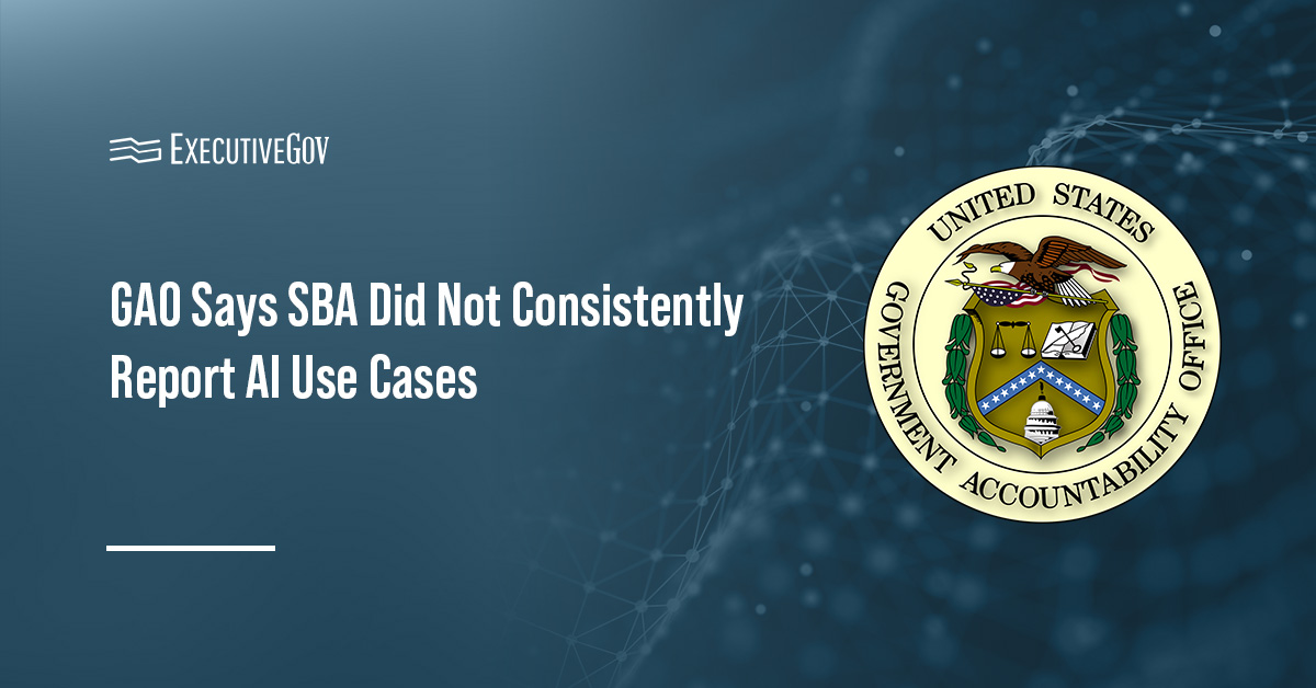 Government Accountability Office logo. GAO reported that SBA failed to consistently disclose AI use cases