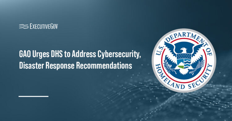 Department of Homeland Security logo. GAO has recommended that DHS improve disaster response and improve cybersecurity.