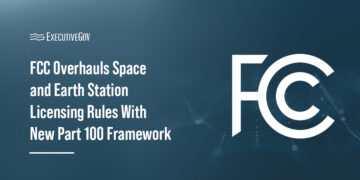 Federal Communications Commission logo. The agency has adopted new rules overhauling Earth and space station licensing.