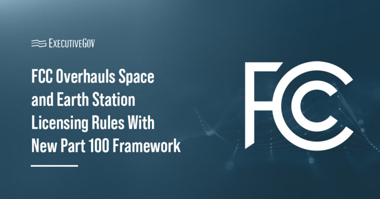Federal Communications Commission logo. The agency has adopted new rules overhauling Earth and space station licensing.