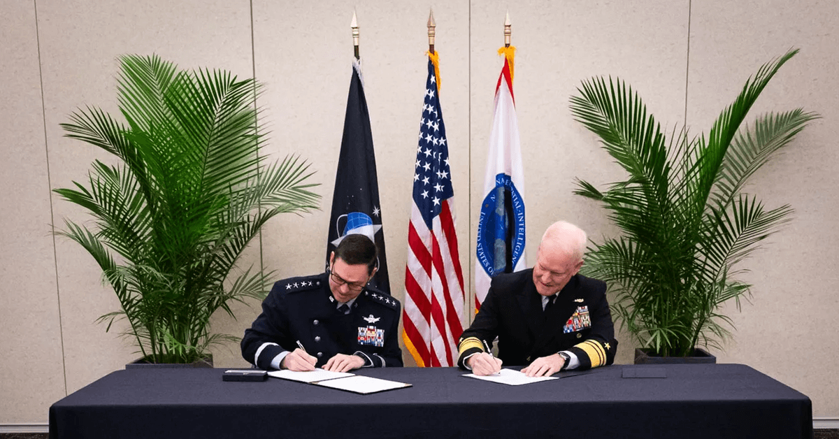 Space Force Gen. Chance Saltzman (left) and VADM Frank Whitworth (right) signed a memorandum of agreement on TacSRT. Photo: NGA Space Force Gen. Chance Saltzman and VADM Frank Whitworth. The government leaders signed an agreement on TacSRT
